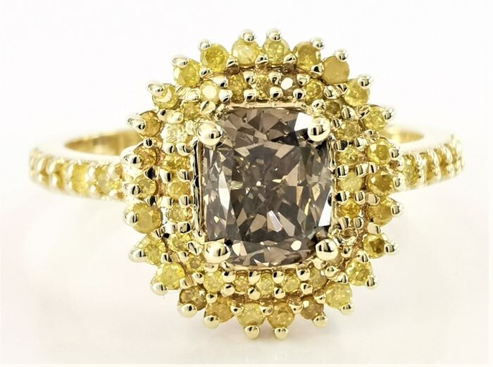 1.83 ct vs fancy deep brownish grayish yellow & fancy yellow diamonds designer ring - 14 kt. Yellow gold - Ring - 1.08 ct Diamond - Diamonds