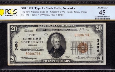 1929 $20 FIRST NATIONAL BANKNOTE CURRENCY NORTH PLATTE NEBRASKA PCGS B XF EF 45