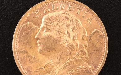 1935 L B Switzerland Twenty Francs Gold Coin