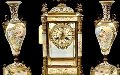 19TH C. FRENCH CHAMPLEVE ENAMEL AND SEVRES PORCELAIN CLOCK SET