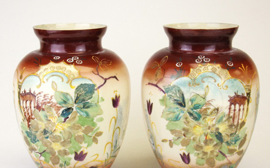 19TH C. HAND PAINTED OPALINE VASES.