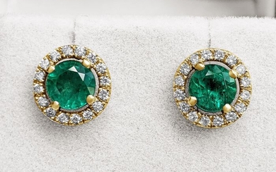 2.00 Carat Emerald And Diamonds Earrings - 14 kt. Yellow gold - Earrings - 2.00 ct Emerald - Diamond
