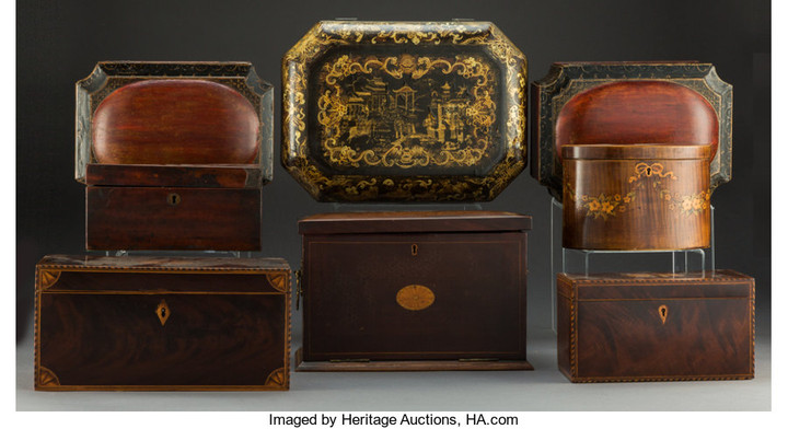 21189: A Group of Eight Inlaid and Lacquered Wood Boxes