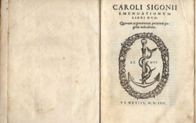 Carlo Sigonio - (Aldine First Edition) Caroli Sigonii Emendationum Libri Duo Quorum argumentum proximae pagellae... - 1557