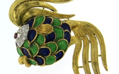 18 kt. White gold, Yellow gold - Brooch, blue and green enamel - 0.20 ct Diamond - Ruby