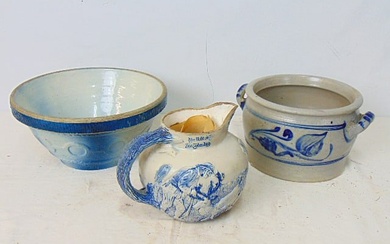3 pieces of Salt Glazed stoneware, White's Pottery Utica, Oneida County NY pitcher with German