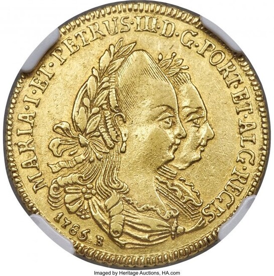30089: Maria I & Pedro III gold 3200 Reis 1785-B AU Det