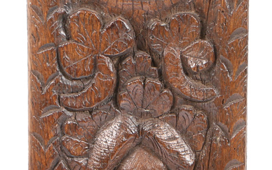 3283289. A 16TH CENTURY CARVED OAK PANEL, ENGLISH.