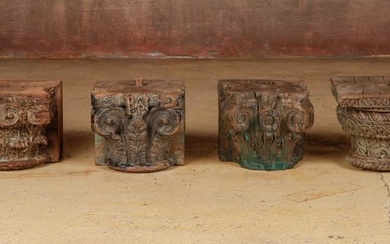 4 Antique Indian Carved Wood Column Capitals and Bases