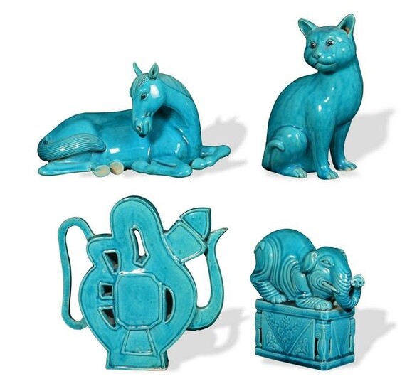 4 Chinese Blue Glazed Porcelain Figures, Republic