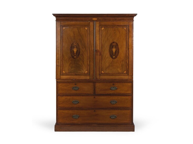 A George III Style Mahogany and Satinwood Marquetry Linen Press