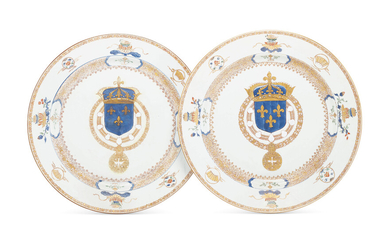 A MASSIVE PAIR OF FRENCH ROYAL ARMORIAL DISHES, YONGZHENG PERIOD, CIRCA 1730