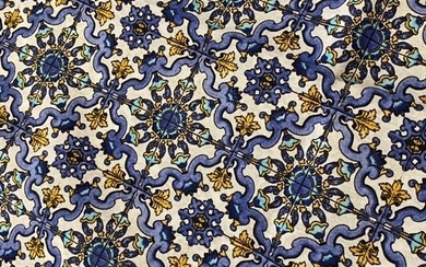 560 x 130 cm - san leucio fabric with blue and saffron tiles (2) - Cotton, Panama - Second half 20th century
