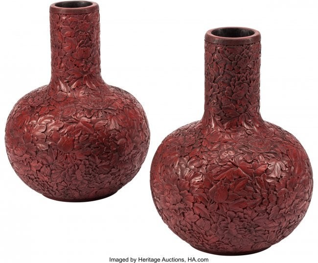 74389: A Pair of Large Chinese Cinnabar Lacquer Vases 2