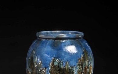 Thorvald Bindesbøll: A large earthenware vase with incised leaf and flower decor. Decorated with brown, blue and green glaze. H. 46 cm.