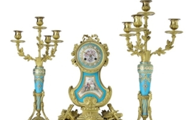 A FRENCH ORMOLU AND TURQUOISE-GROUND SÈVRES STYLE PORCELAIN THREE-PIECE CLOCK GARNITURE, BY HENRI PICARD AND DENIÈRE, PARIS, THIRD QUARTER 19TH CENTURY