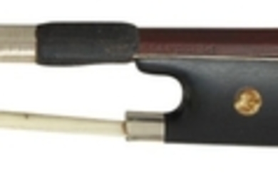 French Silver Mounted Violin Bow - Charles Peccatte, the round stick stamped PECCATTE twice at the butt, the ebony frog with pearl eye, the silver and ebony adjuster, weight 60.1 grams. Certificate: Isaac Salchow, New York, November 19th, 2015.