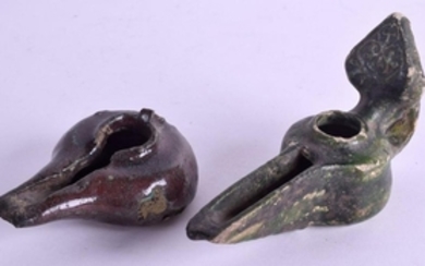 TWO CENTRAL ASIAN KASHAN POTTERY OIL LAMPS. Largest 16