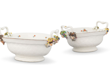 TWO MEISSEN PORCELAIN KAKIEMON TWO-HANDLED OZIER-MOULDED BASKETS, CIRCA 1735, BLUE CROSSED SWORDS MARKS AND PRESSNUMMER 33 TO EACH