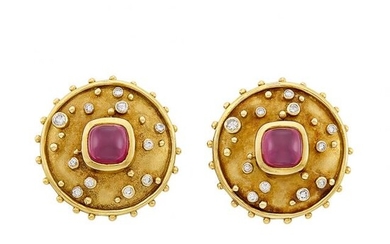 Pair of Gold, Cabochon Rubellite and Diamond Earclips