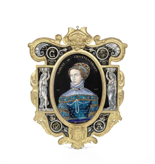 A 19th century French giltwood framed Limoges enamel portrait plaque depicting Madame de Chateaubriant bearing initials L.L. for Leonard Limousin (c.1505-1577)