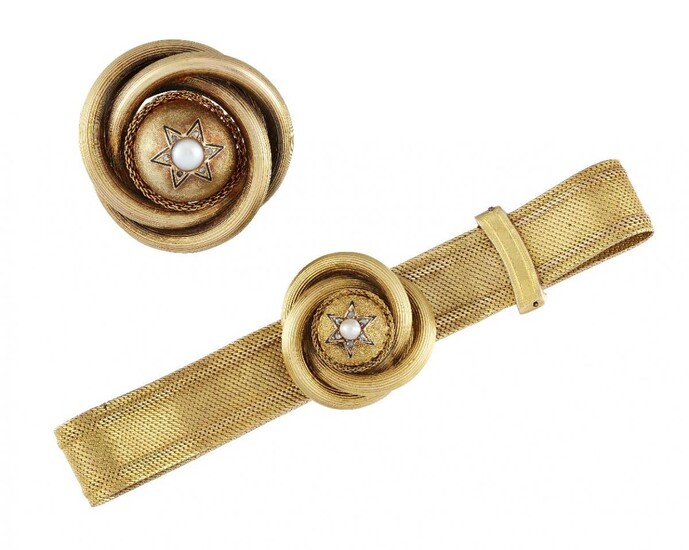 A 19th century gold, half-pearl, diamond and enamel jarretiere bracelet...