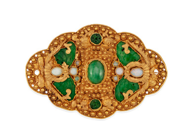 A 24K GOLD, JADE AND OPAL BROOCH