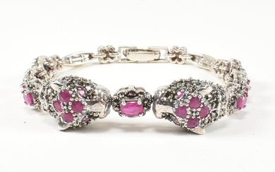 A 925 SILVER MARCASITE & RUBY SET DOUBLE PANTHER HEAD BRACELET