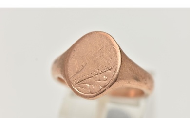 A 9CT ROSE GOLD GENTS SIGNET RING, oval polished form with f...