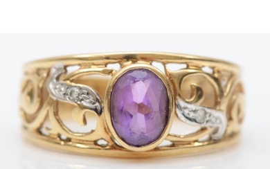 A 9K gold, amethyst and and diamond openwork dress ring, P, ...