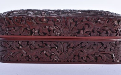 A CHINESE QING DYNASTY CARVED CINNABAR LACQUER BOX AND COVER decorated with figures in a landscape.
