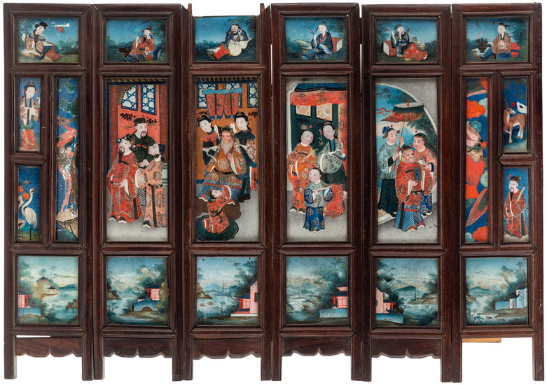 A CHINESE SIX-PANEL SCREEN DEPICTING THE TALE OF GENJI, LATE QING DYNASTY