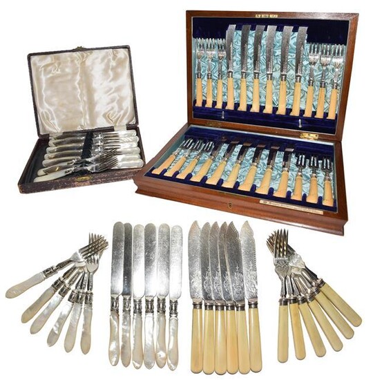 A Cased Set of Victorian Silver-Mounted Ivory Fish knives and...
