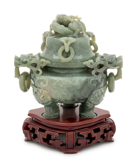 A Chinese Celadon Jade Tripod Incense Burner and Cover