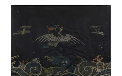 A Chinese dark blue-ground silk embroidery of a crane Mid Qing dynasty...