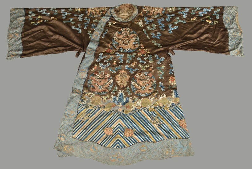 A Chinese embroidered chestnut silk Peking opera robe
