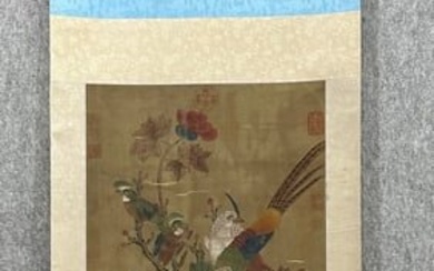 A Chinese ink painting of flowers and birds on a vertical scroll, Xu Xi