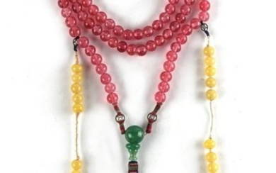 A Chinese jadeite, pink & yellow glass court necklace....