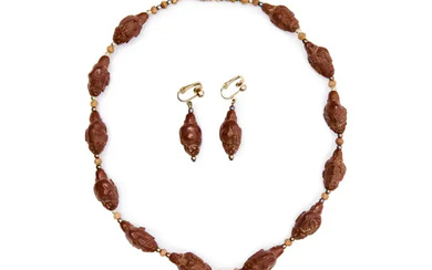 A Chinese kernel carving necklace and earring set Late Qing / Republic...