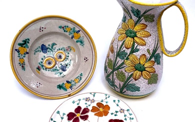 A Collection of Italian Studio Pottery Depicting Floral Enamels including a Water Jug