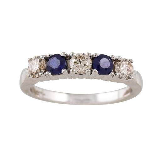 A DIAMOND AND SAPPHIRE FIVE STONE RING, mounted in white gol...
