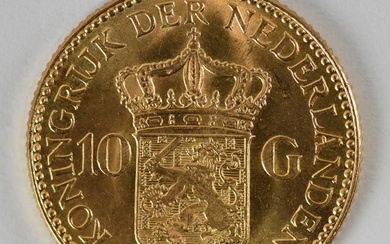 A Dutch ten guilders gold coin, 1925, diameter 2.1cm, approx...