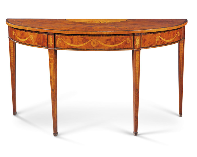 A GEORGE III YEW, SATINWOOD, HAREWOOD AND HOLLY SEMI-ELLIPTICAL SIDE TABLE, CIRCA 1775, IN THE MANNER OF INCE AND MAYHEW