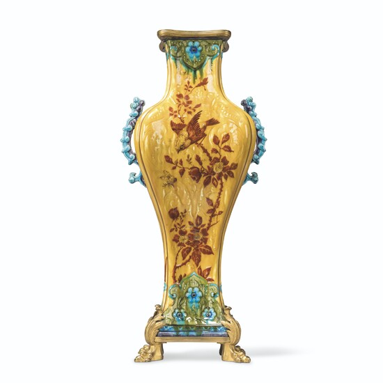 A GILT-METAL-MOUNTED THEODORE DECK FAIENCE TWO-HANDLED VASE