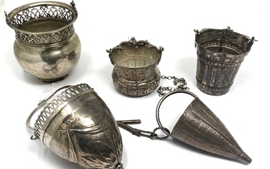 A GROUP OF FIVE CONTINENTAL SILVER SMALL SANCTUARY LAMPS, PROBABLY ITALIAN OR SPANISH, 18TH / 19TH CENTURY