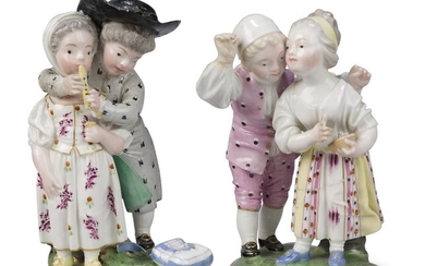 A Hochst porcelain group of Kinder mit VogelneÃŸt (Children with a Birdâ€™s Nest) and the Flotenunterricht (Flute Lesson), circa 1785, blue wheel and incised marks, the first group with a young girl holding a birdâ€™s nest, a boy with his arm...
