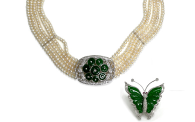 A JADEITE, CULTURED PEARL AND DIAMOND CHOKER/BROOCH AND BUTTERFLY BROOCH
