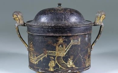 A Japanned Metal Tea Caddy, Early Georgian, with chinoiserie...