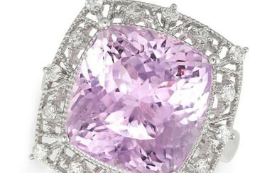 A KUNZITE AND DIAMOND DRESS RING in 18ct white gold, set with a cushion cut kunzite of 15.58 carats
