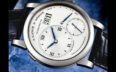 A. LANGE & SÖHNE. A VERY RARE 18K WHITE GOLD WRISTWATCH WITH OVERSIZED DATE, POWER RESERVE INDICATION AND BLUED HANDS LANGE 1 MODEL, REF. 101.027X